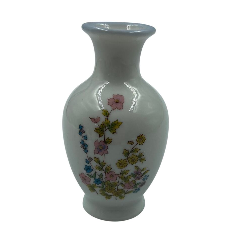 Vintage Otagiri Floral White Bud Vase Mini Pink Blue Yellow Blooms Japan Made